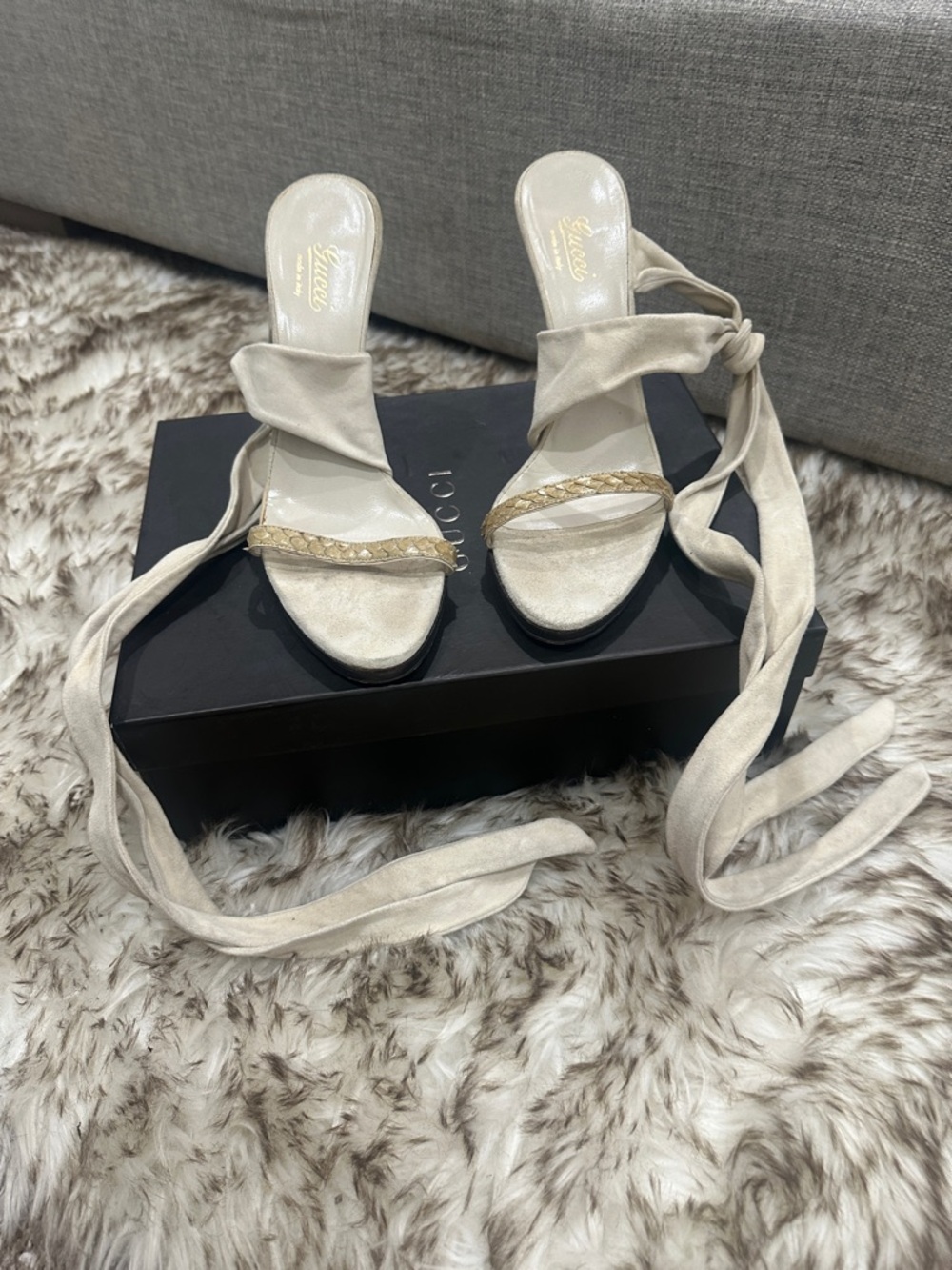 Gucci Cream Suede Wrap  ankle heels with snakeskin Gold Toe Strap & bamboo heel